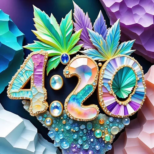Prompt: Create an ultra-hyperrealistic, 34K detailed depiction of the text "4:20" as if it were a divine piece of surreal jewelry and cosmic art. Each number and symbol is crafted from luminous, faceted gemstones—moonstone, opal, emerald, and citrine—embellished with intricate micro-mosaic and pavé settings of tiny diamonds, sapphires, and iridescent mica. The numbers glow with internal spectral cascades, holographic interference, and fractal cuts, radiating divine iridescence.*

*Intertwined with the numbers are lush, detailed cannabis leaves, rendered with hyperrealistic veins and shimmering, holographic textures, as if they are made of crystal and mineral dust. The leaves curl and weave around the numbers, blending organic and mineral elements seamlessly. Embedded within the scene is a bejeweled bong—crafted from shimmering, translucent minerals like fluorite and turquoise, with filigree gold accents, laser-etched fractal patterns, and embedded gemstones that sparkle with internal glow. The bong is dripping with iridescent, holographic smoke that swirls and ripples with fluid dynamics and cosmic interference.*

*The background is a swirling, liquid-like chaos of iridescent mineral streams, fractal waves, and quantum distortions—flowing, stippled, and dotted with cosmic particles, creating a surreal, astral dance of fluid and chaos. The scene is hyperrealistic, with extreme detail, depth, and clarity, making "4:20" appear as a divine, crystalline artifact floating in a psychedelic universe, surrounded by shimmering cannabis leaves and a bejeweled, cosmic bong—an opulent, surreal celebration of the divine herb and cosmic consciousness.*

---
