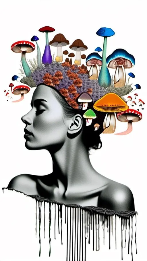 Prompt: A mixed media collage of a black and white photograph of a young woman growing all kinds of colorful multimedia psychedelic mushrooms and fungus out of her body (incorporate things like- but are not limited to - vibrant paints, enamels, glitters, metallic foils, newspaper and magazine cut paper, paint spatter, etc)<mymodel>