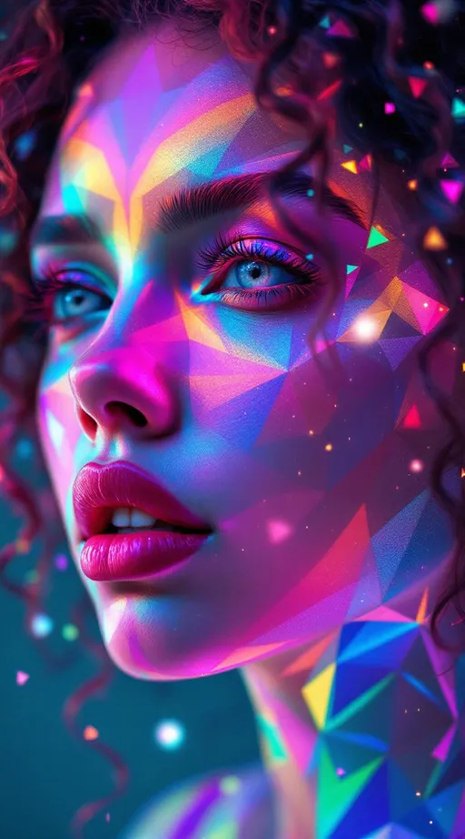 Prompt: She glitters in exotic symmetry—her face carved in curving logic shards, angles that never quite meet, mirrors that lie beautifully. Each expression refracts like a Platonic jewel—icosahedral resonance humming in her jawline, forehead faceted in sacred geometry. Hair explodes outward in recursive rainbow, but in the gaps, angles spike like starlight—her curls sharpen into symbolic shards, glowing pink spires cut from non-Euclidean dreamglass.

Skin pulses with pigment tides and graph chaos—color-node constellations flicker and rewire as she thinks, each laugh throwing glitter across an impossible logic map. Her body is a paradox sanctum—shaped by contradiction, sustained by joy. Eyes tilt in irrational harmony. Fingertips echo sacred math-knots. Her presence reshapes the world like origami in higher dimension—folded joy wrapped in angular beauty.”

⸻

✨ Added Angular Visuals:
Irregular prism cheeks, sacred corner light, jewel-angle blush, sharp rainbow curls, non-Euclidean hair blooms, angular color spires, paradox lattice bones, Platonic pulse face