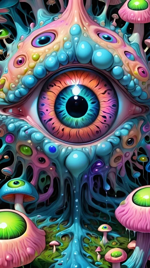 Prompt: Psychedelic, alien psychedelic eyes, weird, surreal, bizarre, ineffable, entity, numinous, lots of crazy weird inhuman psychedelic trippy eyes, melting, trippy, reality breaking down, hallucinations, drippy, dissolutionment, blobs,atoms, electrons, mushrooms, fractals, multidimensional, oozing, hyper cubes, geometry, fractals, third eye, big eyes, small eyes, crazy pupils, pastel colors,psychedelic hyper realism, ultra high resolution, surreal, digital art, intense lighting, bright pastel hues, abstract, confusing, looking at you, ultra detailed textures