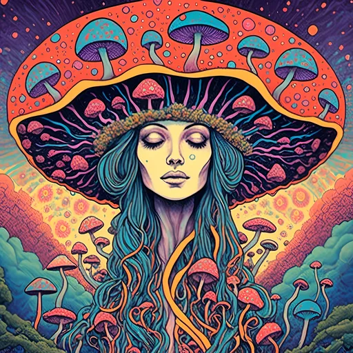 Prompt: <mymodel>Psychedelic illustration of the Mushroom goddess, mother mushroom, fungus deity, vibrant colors, trippy patterns, surreal landscape, high quality, digital art, vibrant, surreal, detailed fungi, ethereal lighting