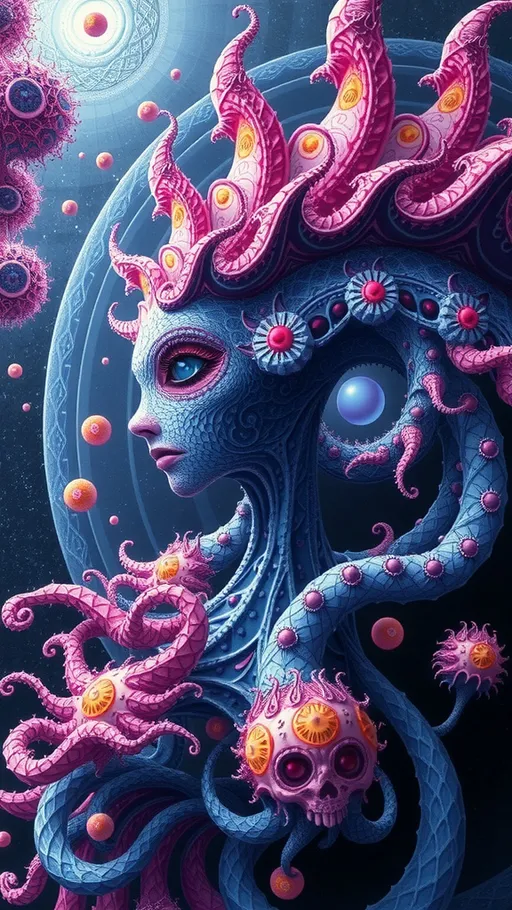 Prompt: A strange surreal beautiful flowing lithe interdimensional psychedelic entity/creature, made of fractal geometry, existing in many dimensions simultaneously, melting from one dimension to the next, phasing in and out of reality, inter dimensional fractal geometry come to life, psychedelic, trippy, weird, but beautiful, 