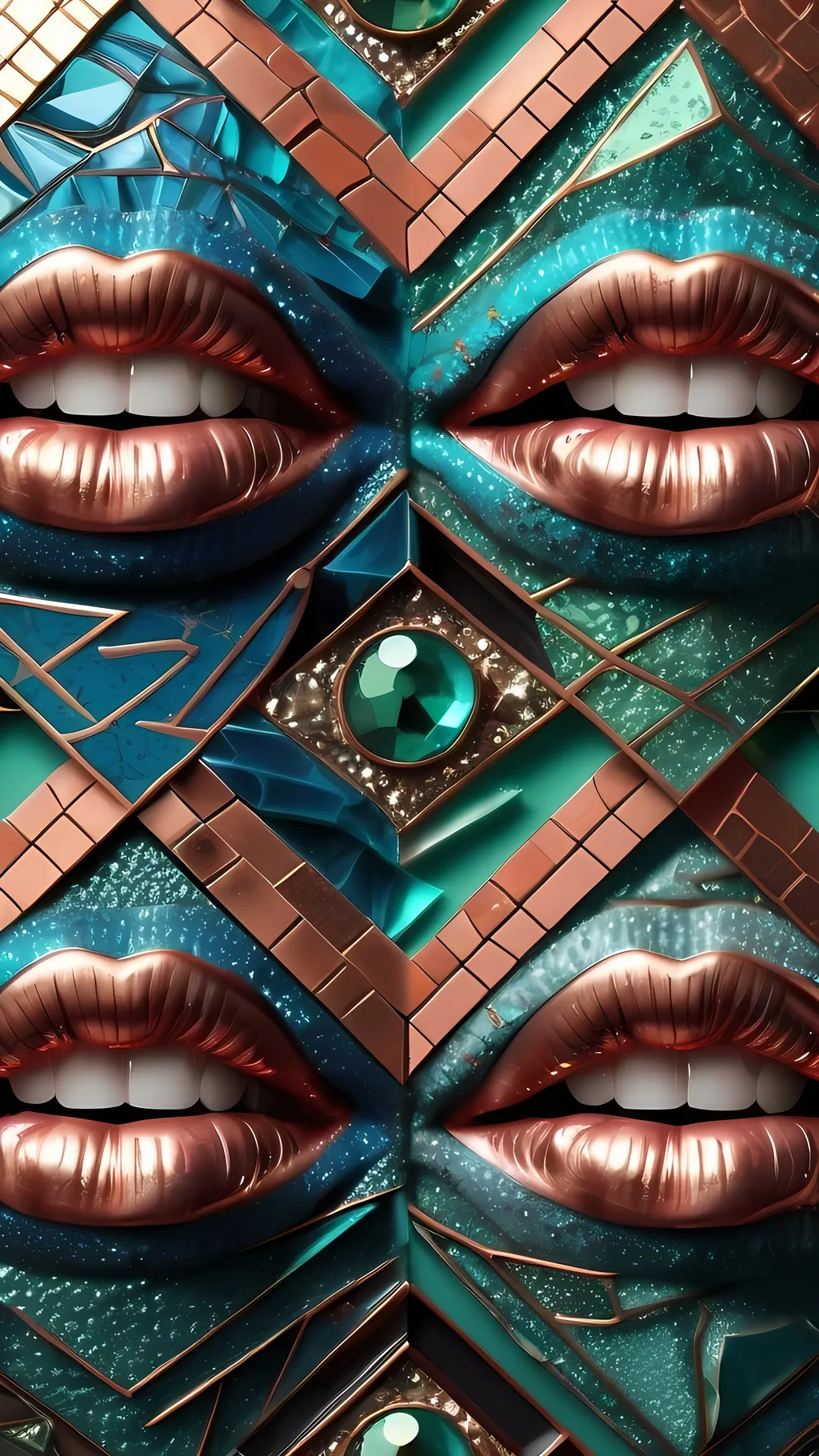 Prompt: Create an extremely hyper-realistic, ultra super textural, weird, trippy, surreal, psychedelic pattern/design based on Herringbone tiling, with lots of human eyes (crazy colorful compound psychedelic), rows of human teeth, human lips, and tongues. Include mineral crystal accents.

- **Colors**: Inspired by the elements, minerals, and metals: peridot, emerald, pyrite, copper.
- **Textures**: Derived from organic elements, minerals, and metals like diatoms, mold, fungus, crystals

**Composition and Layout**:
- Spherical layout/composition
- Arabesque tiling
- hyperbolic forms and structures
-zoomed out creating a surreal pattern/design using arabesque tiling

**Lighting**:
- Lots of bright light

**Detail and Atmosphere**:
- Extreme hyperrealistic sharp high detail high definition organic and mineral textures
- Psychedelic, weird, odd, surreal atmosphere
- Frozen in time

**Additional Elements**:
- Diatoms, extra rows of teeth, lips, many eyes,fungus

Capture this scene using a Leica Summilux-M 35mm t/1.4 ASPH film for a hyper-realistic effect.