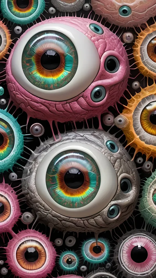 Prompt: an extremely hyper realistic ultra super textural weird trippy surreal psychedelic entity, crazy psychedelic compound human eyes, neurons, synapses, brain tissue, brain, chemicals, rows of human teeth, translucent white, black charcoal, hot pink, pinks, silver, yellow, orange, green, teal, copper, Moire Patterns