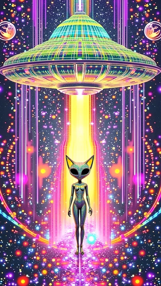 Prompt: Create a vibrant and surreal scene in the style of pop Art Nouveau, characterized by intricate and ornate details. The centerpiece is a silvery metallic UFO with a holographic sheen, hovering majestically in the cosmic expanse. It's adorned with an array of glowing, multicolored lights that pulse rhythmically. From its base, a luminous beam of light cascades downward, illuminating the scene below.

In the center of this beam stands a female alien, her skin a vivid shade of green. She has a distinctive large conical head and striking solid black almond-shaped eyes that exude an aura of mystery and wisdom. Her features are rendered in an extremely hyperrealistic yet illustrative manner, blending artistic elegance with lifelike precision.

The background is a kaleidoscope of psychedelic patterns, swirling with vivid colors and intricate designs. The sky is dotted with distant planets, twinkling stars, and celestial phenomena, creating an otherworldly tapestry. The design is busy, filled with tiny, intricate details that invite the viewer to explore every corner of the artwork.

Incorporate various glitch effects to add a modern, digital twist to the scene. Use types like pixel sorting, datamoshing, RGB shift, glitch art overlays, and circuit bending. These glitches should weave seamlessly into the Art Nouveau style, enhancing the overall complexity and depth of the piece. The result is a mesmerizing fusion of classic elegance and contemporary digital chaos, captivating and immersive.