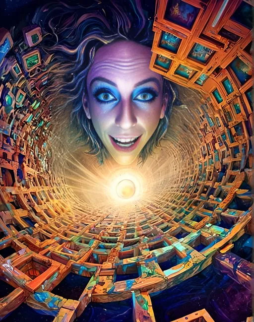 Prompt: Psychedelic swirling subterranean ocean of FRACTALS, multidimensional geometry, geometric shapes, tesseracts, hypercubes, inter dimensional, underground, highres, vibrant colors, psychedelic artstyle, swirling patterns, intense visual details, surreal, multidimensional, underground setting