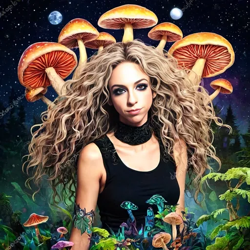 Prompt: A psychedelic trippy bright colorful vivid black light poster illustration of a girl with longish blond curly hair, with psychedelic magic mushrooms, trippy hallucinations, optical illusions and patterns, crystals, moss, forest, moon, geometry fractals