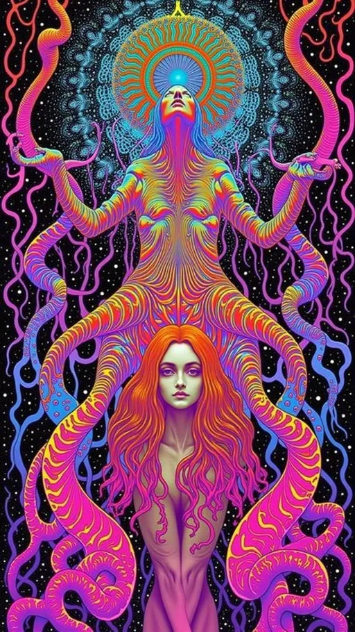 Prompt: A surreal, fractal-inspired psychedelic hallucination of a creature that is both beautiful and deeply unsettling. Its body spirals infinitely into fractal patterns, alive with shifting, morphing geometry. The surface is hyperrealistic, a kaleidoscope of textures—stained glass, liquid mercury, and shimmering opals—reflecting vibrant hues of magenta, cyan, gold, and emerald. Its elongated, insectoid limbs are adorned with crystalline growths resembling quartz and amethyst, while its head is crowned with glowing, pulsating tendrils like neon jellyfish, radiating bioluminescent light.

From the center of its chest emerges *me*—a caucasian slim woman with long wild pink very curly hair and piercing blue eyes. My hair blends into the creature’s fractal tendrils as though I am both part of it and separate. My expression is serene yet haunting, my translucent skin glowing faintly, with veins of liquid gold coursing beneath the surface, merging seamlessly into the creature’s anatomy.

The background is an infinite void of swirling fractal geometry—mandalas within mandalas, endlessly recursive patterns alive with neon light. The lighting is dynamic and otherworldly, refracting through the crystalline features of the creature to cast rainbow shadows. The style is hyperrealistic with a surreal twist, blending the intricate fractal geometry of Benoit Mandelbrot with the visionary art of Alex Grey and Android Jones. Every detail is meticulously rendered, from the microscopic textures of the creature’s skin to the infinite spirals in the background.

The mood is mesmerizing yet disquieting, evoking awe and discomfort, as if viewing a divine, alien entity beyond human comprehension. Soft, organic outlines dissolve into the hyper-detailed textures, with glowing, ethereal light creating a living, breathing atmosphere.