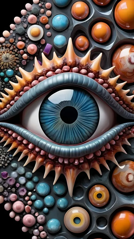 Prompt:  An extremely hyper-realistic, ultra-textural, weird, trippy, surreal, psychedelic pattern/design featuring eyes, teeth, mouths, & tongues. The design should be based on the “Mandelbrot” & “op art tiling” concepts, w/ an abundance of human eyes (crazy colorful compound psychedelic), rows of human teeth, human lips, & the elements, minerals, organisms: 
- Moonstone
- Selenite
- Labradorite
- niobium 
- potassium

**colors/lighting/Shapes/Forms/Textures**: 
- Main form: “Mandelbrot”
- Additional colors/shapes/forms/textures/arrangements determined by the natural properties/expressions of the listed elements, minerals, metals, & biological organisms. Capture their crystal structures, atomic arrangements, & natural formations. Express their raw, rough, & detailed textures, including crystal structures, surface finishes, & unique textural properties.
- Express the shapes, forms, structures, & arrangements of the listed elements, minerals, pigments, crystals, or biological organisms.
- Reflect intricate crystal structures, atomic arrangements, & natural formations.
- Integrate unique textural properties & surface characteristics into the pattern.
- Arrangement influenced by natural aggregates/combinations, creating a cohesive design.
-Intense, bright, reflective light
- Express the various lighting properties, effects, & illusions of listed elements, minerals, biological entities, & crystals.
- Capture interactions w/ light, including reflections, refractions, iridescence, & other optical phenomena. Use lighting to emphasize intricate details, textures, shapes, & forms.

