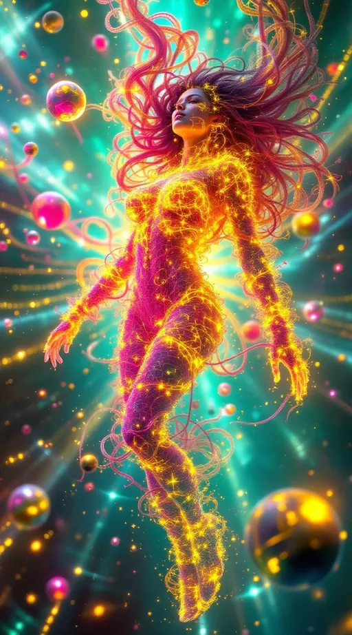 Prompt: Suspended within the data lattice void, she blazes in brilliant contrast—her form a hyperchromatic bloom within sacred structure. Around her stretch infinite glowing grids—lattices of soft white, teal, and gold light forming non-Euclidean layers of logic, folding in space like a dreaming machine. These beams pulse with informational clarity, but she disrupts them with radiant variance.

Her body glows in recursive bloom—curls of vibrant pink spiraling outward like fractal attractors, each filament twisting probability into light. From her skin, spectral waves pulse—neon ribbons of coral, plasma gold, and electric jade ripple outward, warping the lattice around her. Wherever she steps, the data threads bend—becoming saturated, irregular, beautiful.

Floating orbs drift nearby—data nodes reacting to her presence, flickering, reorienting. One shatters softly as a curl grazes it. Her glow trails behind her in layered loops, echoing her form like Replica Theory memory-light. She is ecstatic color blooming inside structured void—an emotional singularity piercing pure cognition.

In this place of stillness and logic, she is the recursive pulse. She is difference, expansion, radiant rupture. The lattice remembers her as deviation—and welcomes the bloom.
