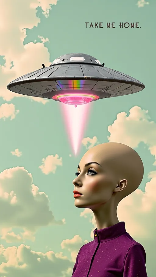 Prompt: Create a hyperrealistic yet illustrative close-up of an alien girl's face and the text phrase “TAKE ME HOME” - Her head is conical-shaped and bald, with large almond-shaped eyes that reflect a mesmerizing array of colored lights. She gazes up at a massive UFO hovering above, its metallic silver surface shimmering with holographic hues. The UFO is adorned with intricate alien designs, showcasing fine, delicate patterns that suggest advanced technology. A ray of light beams down from the UFO, casting a soft glow on her features. The scene is filled with ultra-fine details, blending realism with artistic creativity, capturing an otherworldly beauty.