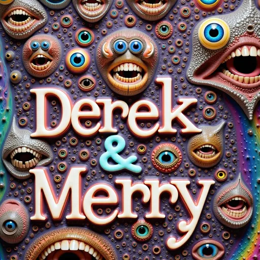 Prompt: In this vibrant, surreal landscape, "Derek & Merry" emerge as the central focus, seamlessly integrated into the scene. These names appear as if formed from a swirling, translucent mist, glowing with bright white hues that shimmer with an oil sheen effect. The letters are a kaleidoscope of pinks, purples, oranges, greens, teals, yellows, and blues, creating a rainbow that dances across the surface.

The backdrop is a mesmerizing tapestry of mathematical patterns, where fractals and geometric shapes intertwine, echoing complex equations. Silver elements weave through the scene, their metallic sheen reflecting the vibrant colors around them, forming intricate lattice structures that add elegance and complexity.

Embedded within this surreal landscape are clusters of quartz crystals, their facets catching the light and refracting it into a dazzling array of colors. The quartz formations rise like crystalline mountains, etched with iridescent patterns that pulse with life. Interspersed among them are nodules of pyrite, their golden surfaces glinting in the light, adding earthy warmth.

Floating gracefully through this dreamlike environment are diatoms, their intricate, glass-like shells reflecting the vibrant colors. These microscopic wonders add a layer of delicate complexity, reminiscent of intricate lacework.

To round out this trippy vision, elements of fluid dynamics are introduced, with swirling currents and eddies of color flowing seamlessly through the scene. These fluid patterns create a sense of movement and life, as if the entire image is in perpetual transformation.

Amidst this vibrant chaos, "Derek & Merry" remain a focal point, intertwined with natural elements and mathematical motifs, as though born from the essence of this fantastical world. Their seamless integration highlights their importance, making them a central, unifying element in this kaleidoscopic vision.