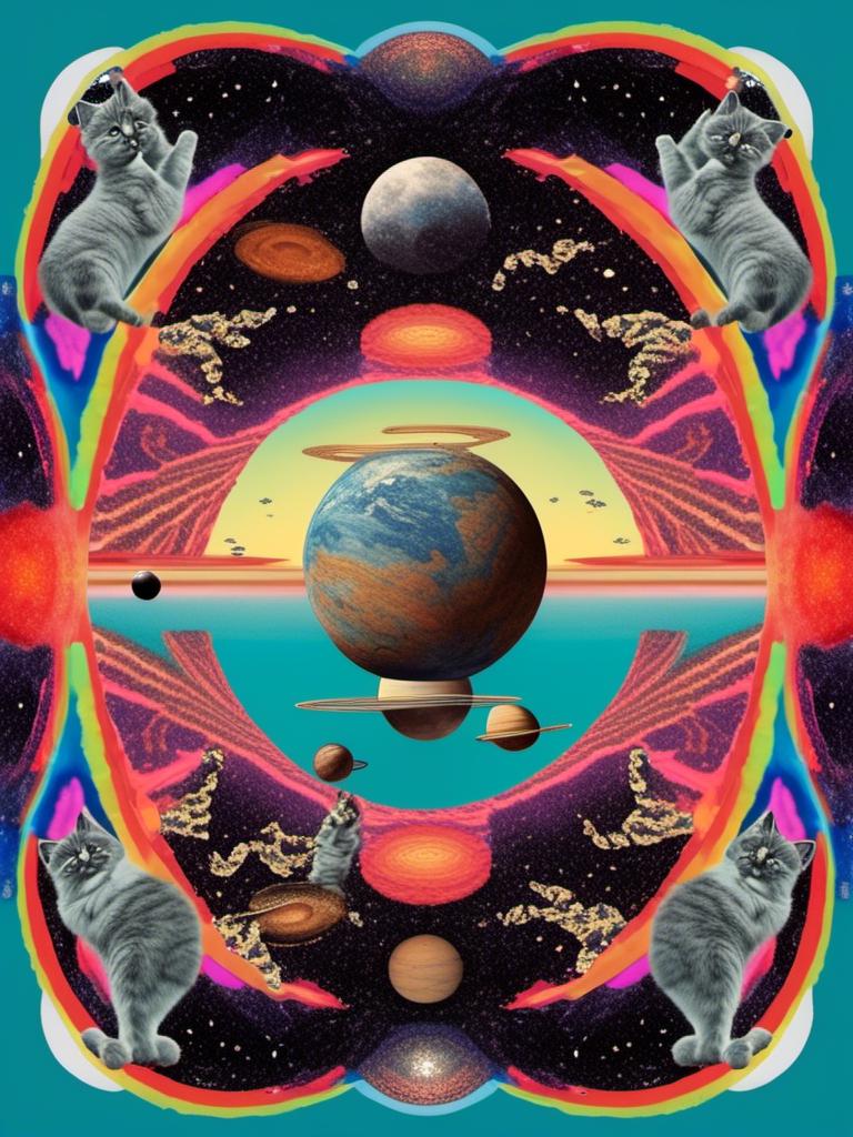 Prompt: a psychedelic collage with a vintage 70s sci-fi animation feel to it except the subject matter will be CATS IN SPACE! The collage will have elements of photography, illustration, trippy patterns and optical illusions, alien landscapes, strange trippy planets, UFOs,, meteors, all cut and spliced together in a psychedelic collage style <mymodel>