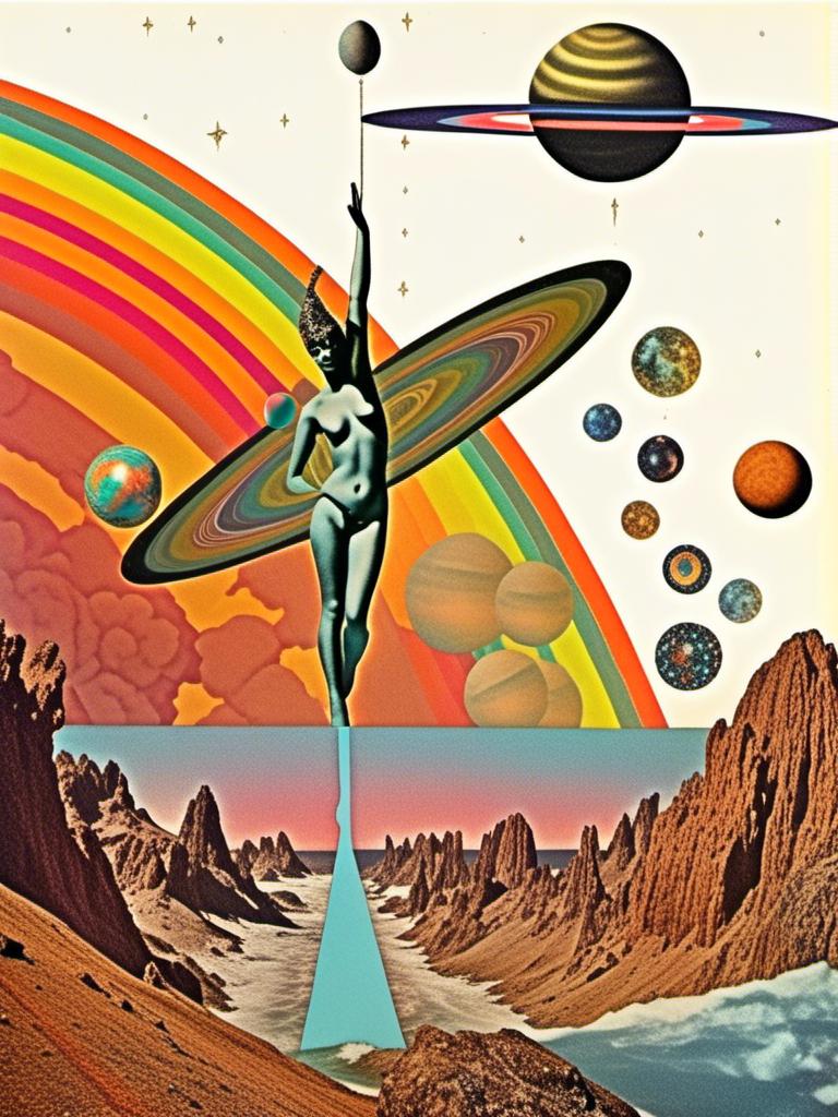 Prompt: A vintage 70s psychedelic collage with the theme “astral vacation”- incorporate themes of astral projection, the astral plane, the silver cord, use an astral brilliantly but sometimes muted opalescent color palette, & combine it all with planets, orbs, optical illusions and psychedelic trippy patterns, color spectrums as a surreal vintage psychedelic collage<mymodel>