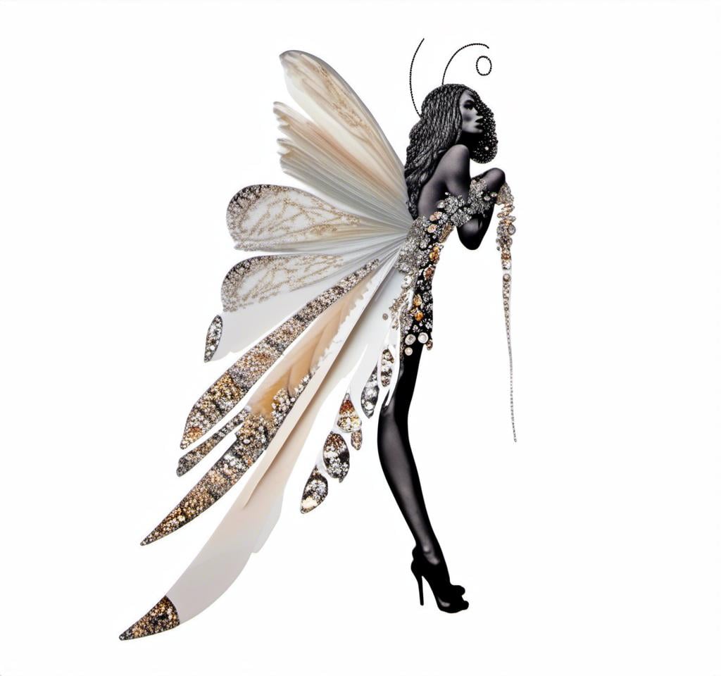 Prompt: a photograph of a woman (color or black and white) with multimedia elements added to create the appearance that she is a beautiful intricate moth, with moth wings and antennae created from paint, paper, photos, glitter, iridescent enamels, nail polish, rhinestones, thread and string, fabric, folded paper etc<mymodel>