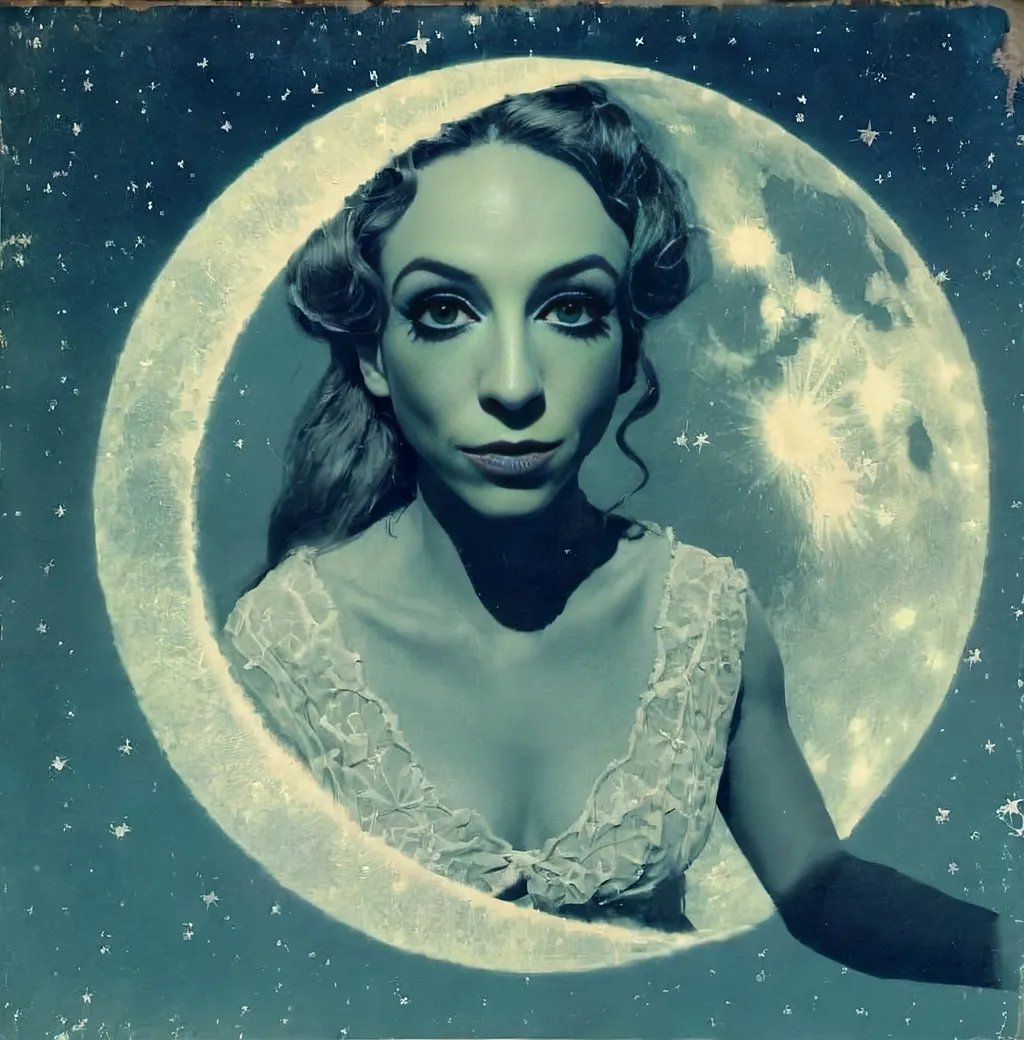 Prompt: Vintage Cyanotype print of a girl on the moon, detailed silhouette, vintage artistic style, cool tones, subtle moonlight, high quality, cyanotype print, vintage, detailed silhouette, moon, girl, subtle lighting, cool tones