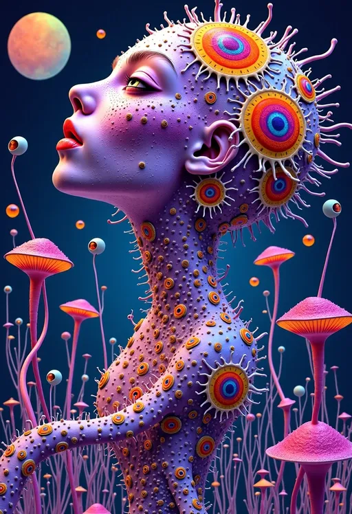 Prompt: an extremely hyper realistic ultra super textural weird trippy surreal psychedelic entity, white, translucent, clear, bright bright pastel colors, oil slick rainbow sheen effect, lots and lots of light, lots of crazy colorful compound psychedelic human eyes, rows of human teeth, fungus, atoms, diatoms,