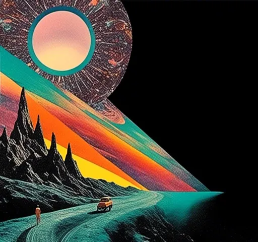 Prompt: <mymodel>Psychedelic trippy collage with a surreal vintage 70s sci-fi feel, vibrant colors, retro futuristic elements, surreal landscapes, detailed psychedelic patterns, high quality, vintage sci-fi, vibrant colors, surreal, detailed patterns, trippy, collage, 70s, retro futuristic, surreal landscapes, detailed, atmospheric lighting