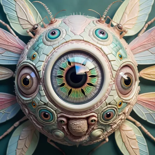 Prompt: A surreal extremely hyper realistic super textural psychedelic geometric eyeball creature with insect wings, pastel light colors,  lots of crazy trippy psychedelic human eyes, human teeth, organic and mechanical, multidimensional, weird surreal unsettling odd