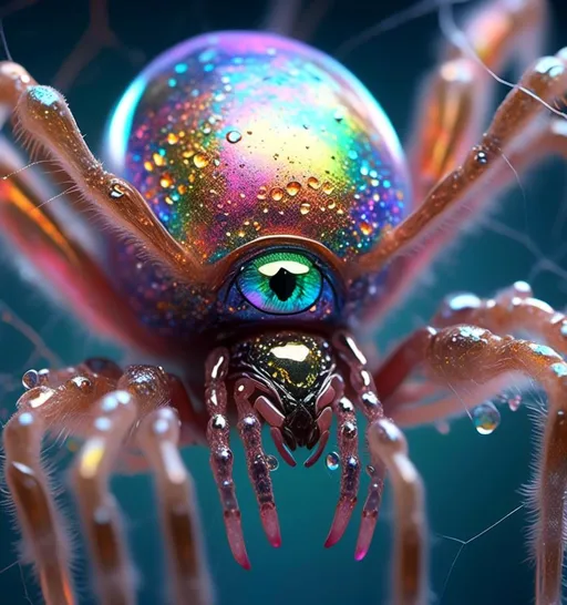 Prompt: <mymodel>extremely hyperrealistic extremely high textural beautiful female sentient spider entity, arachnid woman,8 eyes, humanoid, human woman with spider features, lots of light, extreme organic textures, white, translucent, bright pastel colors, oil slick rainbow sheen effect, silver, chrome, crystals, 
Arachnid, cephalothorax, abdomen, pedipalps, chelicerae, fangs, spinnerets, silk glands, book lungs, tracheae, 