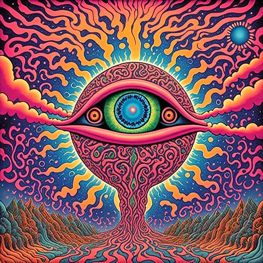 Prompt: <mymodel>Astral entity with open third eye, psychedelic poster art, astral planes, vibrant and surreal colors, highly detailed, surreal, psychedelic, open third eye, astral entity, vibrant color palette, surreal lighting