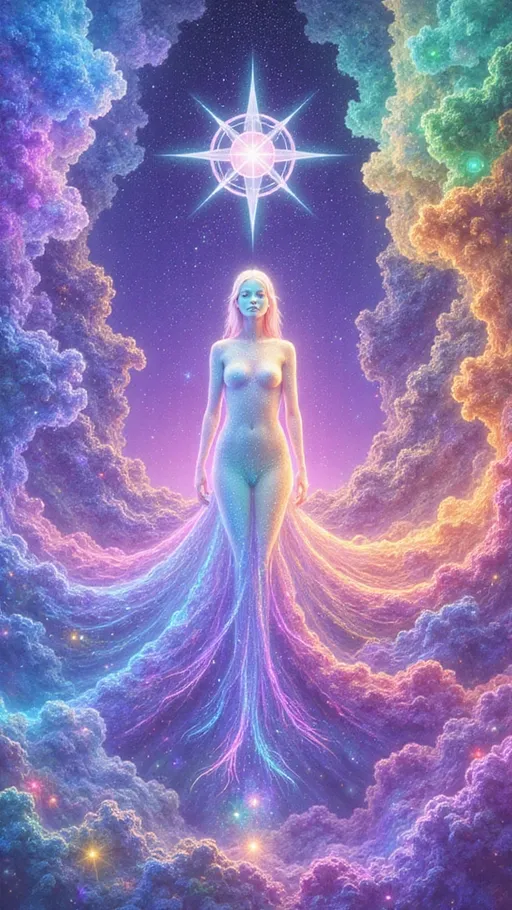 Prompt: A radiant, transdimensional scene composed of intertwined fractal systems — Mandelbrot jungles, Julia spirals, Apollonian gaskets, and infinitely recursive Sierpinski lattices — all melting together into a symphony of sacred complexity. In the center stands a luminous humanoid form sculpted entirely from pure iridescent rainbow light — a celestial body of oil-slick color, constantly shifting in hue from turquoise to magenta, gold to ultraviolet. Her form is fluid and lightborn, as if woven from refracted sun halos and cosmic plasma, her outline barely contained by the gravity of her own geometry. Rather than skin, she is made of flowing spectral membranes, pulsating with translucent rainbow filaments that trail like aurorae in motion. Her presence ripples through the geometry around her — collapsing one fractal system into another, creating kaleidoscopic explosions of pattern. Spiraling sacred geometry pulses beneath her feet like a lotus vortex, while above, shifting Penrose constellations cascade like crystalline rain. Cells of bioluminescent light orbit her heart center, echoing the Flower of Life, and expanding outward into chaotic tilings that break and reform like living code. Black negative space snakes between the glowing patterns like divine shadow, providing dimensional contrast to her inner luminescence. She is both map and mirror of the cosmos — a holographic entity born of light, fractal entropy, and sacred structure, singing the visual language of multidimensional becoming.

Style: Cosmic Surrealism + Mathematical Divine Machine