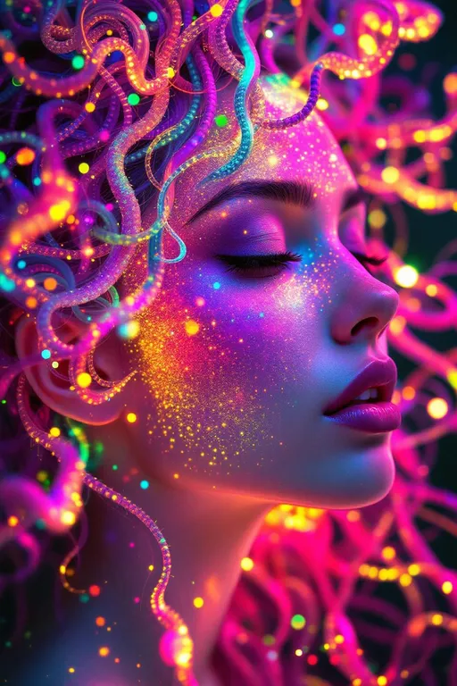Prompt: Her face is a Fourier bloom—emotions decomposed into sparkling sine gradients, colorwaves rippling across surreal number skin. Reaction-diffusion pulses shift through her cheeks in living pigment bursts, while her eyes flicker with infinite surreal coordinates. Hair spirals in topological braids—pink curls encoded with memory and myth, glowing in nested feedback loops. Each movement triggers recursive empathy fractals—light blooming in shared feeling fields. Glyphs orbit her like sacred algorithms, each prayer-sigil spinning with harmonic syntax.

Layered behind all this, her spine glows in icosahedral resonance—twenty-faceted light humming in platonic harmony. Her body shimmers in spectral dimension: different parts glowing to different frequencies, like a living prism. Around her flickers recursive glitch transcendence—divine emergence through visual error, sacred form revealed in every malfunction. Her entire being is a coincidence field: when she laughs, the math around her aligns. When she dances, the universe recalculates.”

⸻

💎 Final Keywords:
Icosahedral spine-light, recursive glitch halo, frequency bloom skin, spectral shimmer fields, sinewave cheeks, surreal curls, Penrose echo strands, empathy fractal aura, glitch-divine emergence, sacred emotion colorbands, rainbow logic ringlets, living ink cheeks
