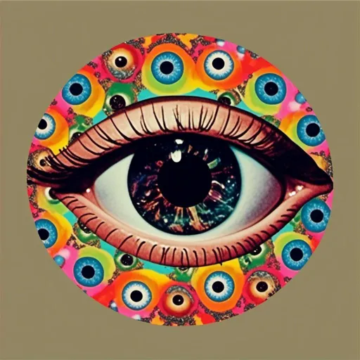 Prompt: A vintage analog paychedelic 70s collage featuring: eyes! Eyes! Also mouths, extra limbs, appendages, collages with trippy psychedelic patterns/optical illusions, landscapes, spacescapes, rainbow spectrums, gemstone textures<mymodel>