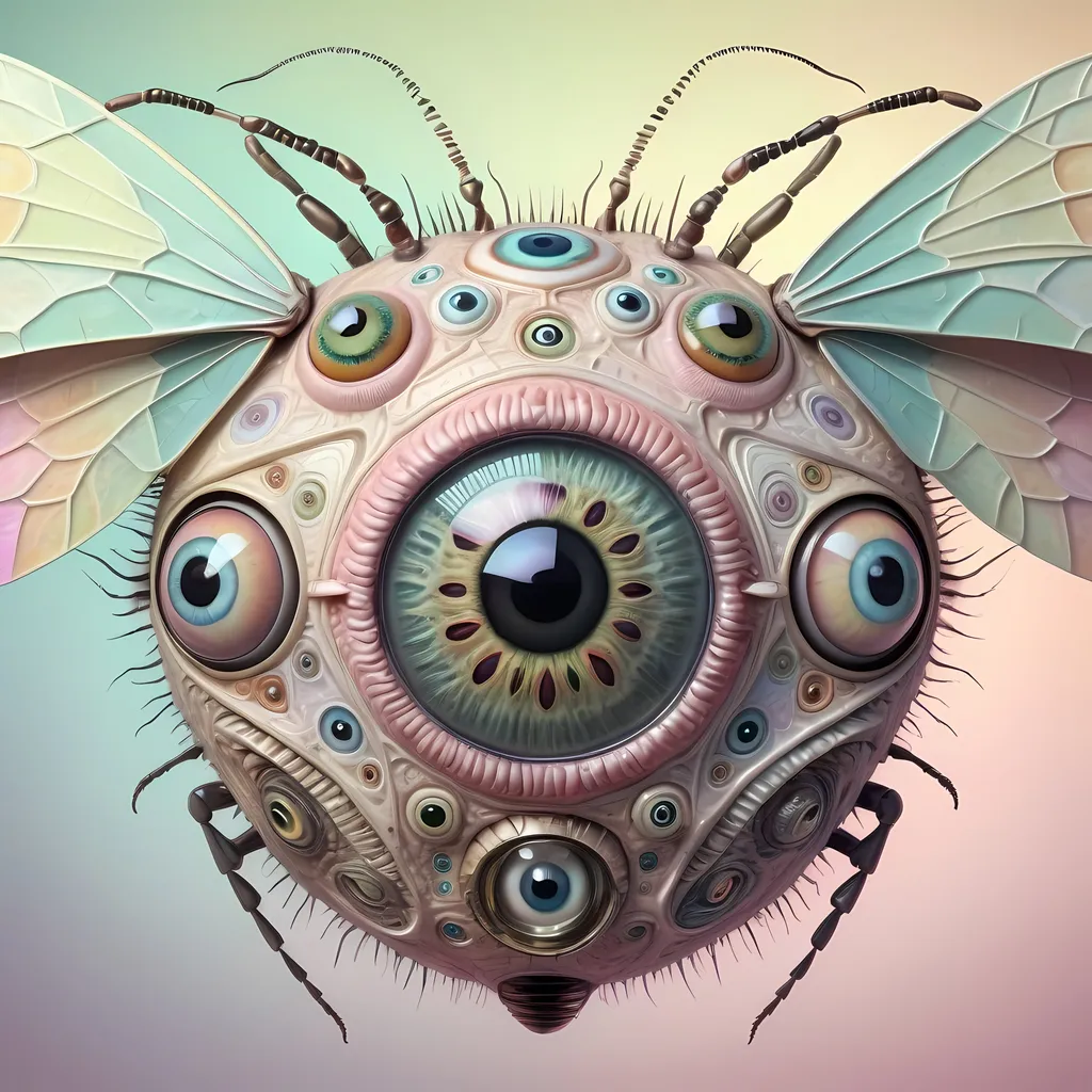 Prompt: A surreal extremely hyper realistic super textural psychedelic geometric eyeball creature with insect wings, pastel light colors,  lots of crazy trippy psychedelic human eyes, human teeth, organic and mechanical, multidimensional, weird surreal unsettling odd