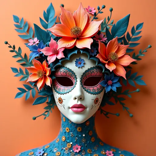 Prompt: To create a mask design featuring floral and botanical hats, collars, and accessories with a psychedelic twist, all made from mixed media paper techniques, here's a detailed AI art prompt:

"Design a mask showcasing floral and botanical hats, collars, and accessories with a psychedelic twist. The entire composition should be crafted from mixed media paper techniques, including folded paper, origami, handmade paper, paper forms, cut paper, and quilling. Incorporate elements like sequins, beads, metallic foils, and glitters to add texture and shine. Use newspaper as a base material to add an eclectic touch. The floral and botanical elements should be vibrant and surreal, with exaggerated colors and whimsical patterns typical of a psychedelic style. The accessories should be intricately detailed, with a harmonious blend of textures and forms, creating a visually captivating and imaginative piece. The background should be a solid color to highlight the mask's elaborate details."