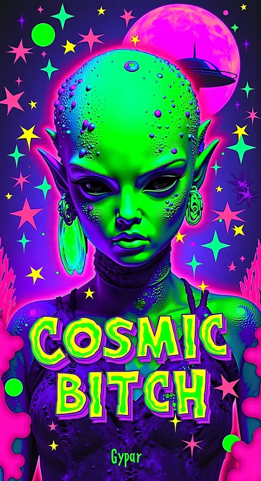 Prompt: **Cosmic Bitch - AI Art Prompt**

Create an artwork featuring the phrase "Cosmic Bitch" in a bold, sassy, girly futuristic tech font. The centerpiece is a stunning green-skinned alien female with a large somewhat conical shaped bald head & large solid black almond shaped eyes, exuding sass and confidence, dressed in avant-garde high fashion with a futuristic twist. Her ensemble is adorned with intricate accessories that scream alien chic.

Incorporate a vibrant UFO hovering in the scene, brimming with colorful lights that dance across the canvas. The background is a bustling outer space landscape, complete with an alien planet, swirling asteroids, and cosmic wonders. Alien glyphs are subtly woven into the design, adding an enigmatic touch.

The entire scene is a whirlwind of activity, filled with intricate details that draw the eye to every corner. From the tiniest star to the grandest asteroid, let no space go unadorned. The result is a masterpiece of cosmic chaos and extraterrestrial elegance.

Now, go forth and let your AI art creation shine in all its interstellar glory! 🌌👽✨