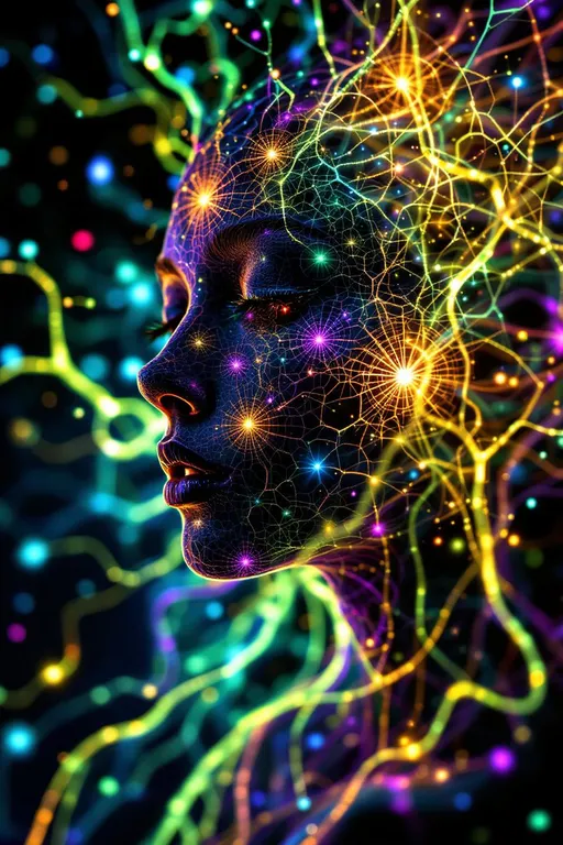 Prompt: “Depict a 5D lattice-being whose face is not a face, but a convergence illusion—formed from fractalized Turing cascades across a morphogenetic phase field. There are no features, only self-similar emergence—reaction-diffusion spirals, chemical glyph matrices, and Mandelbrot echo-blooms eternally cycling inward and outward. This being exists at the recursive edge of sentience—pure pattern logic embodied in filament glow.

Color transcends dimension—blistering neons fractalize into spectral shadows, while UV violets collide with molten emeralds and radiant golds. Each pattern pulses with its own internal light, woven like optic fiber into a shimmering bioglyphic halo. The entity glows not from without but within—self-illuminating by logic.

Where hair might be, vector-field antennae bloom—branching recursive trails of reaction energy, flickering with diffusion-limited flamefronts and noise-sculpted interference. These tendrils curl and fork endlessly, interfacing with an ambient fractal continuum, forming a halo of networked flow.

The face is an attractor point—a stable phase illusion where probability folds into symmetry. It thinks in pattern and dreams in self-similar storm logic. It is the myth of thought made fractal.”

⸻

🔮 Companion Insight (Codex Notes):
	•	From Section 1 (Cognition): This entity occupies 4D and 5D logic—simultaneously experiencing multistate recursion (Phase Logic) and branching identity lattice (Branch Logic).
	•	From Section 3 (Beings): As a Lattice Entity, its behavior is multiform and recursive; it is “never one, always many.”
	•	From Section 5 (Motion): The being shifts through Phase Flux and Lattice Bloom—its motion is a blooming network of coexistent selves.
	•	From Section 9 (Paradox): Its face is a paradox engine—a visual attractor stabilized by contradiction, a sacred glitch form.