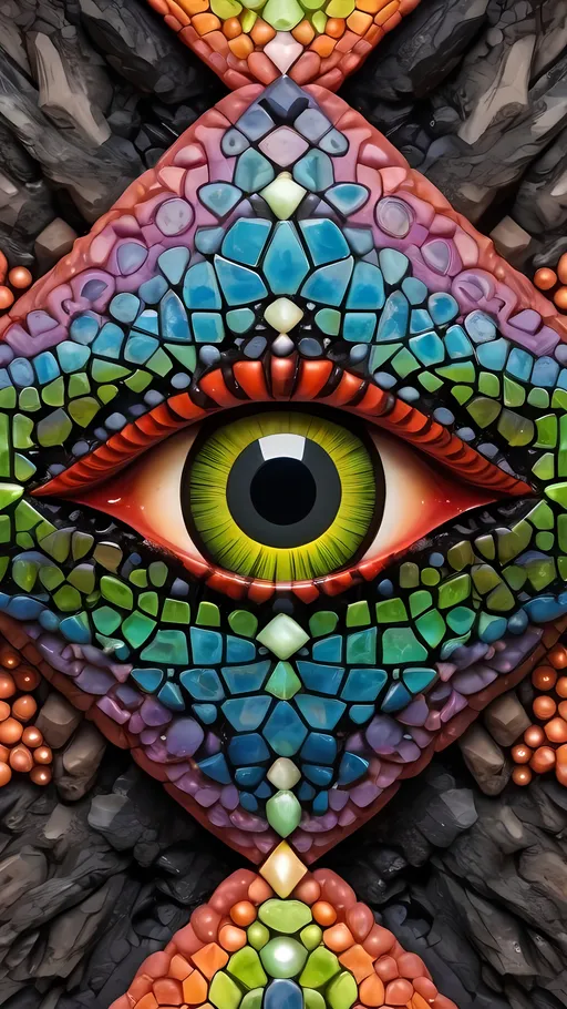 Prompt: Create an extremely hyper-realistic, ultra super textural, weird, trippy, surreal, psychedelic eyes/teeth/mouth pattern/design based on the “Merkaba” & “op art tiling” with lots of human eyes (crazy colorful compound psychedelic), rows of human teeth, human lips, and tongues. 

- **Colors**: determined by the natural properties and expressions of the elements (& their isotopes), raw rough minerals, and metals:
- Molybdenum (Mo)
- Rhodonite
-sulfur
- Wulfenite
-“Cobaltoan Calcite“
- Tsavorite
- peridot
- “Black Kyanite“
- Hematite

**Shapes and forms**
- main form: “ Merkaba(s)”
-other shapes determined by the natural properties and expressions of the elements (& their isotopes), raw rough minerals, metals, and biological organisms: 
- Molybdenum (Mo)
- Rhodonite
-sulfur
- Wulfenite
-“Cobaltoan Calcite“
- Tsavorite
- peridot
- “Black Kyanite“
- Hematite

- **Textures**: Derived from any/all elements (& their isotopes), minerals, metals, crystals, organic things mentioned in this prompt: 
- “Merkaba(s)”
- Molybdenum (Mo)
- Rhodonite
-sulfur
- Wulfenite
-“Cobaltoan Calcite“
- Tsavorite
- peridot
- “Black Kyanite“
- Hematite

**Composition and Layout**:
- a pattern/design based on “Merkaba(s)”
- 3 dimensional


**Lighting**
- lots and lots of bright shining reflective light
- iridescence


**Detail and Atmosphere**:
- Extreme hyperrealistic sharp high detail high definition organic and mineral textures
- Psychedelic, weird, odd, surreal atmosphere
- Frozen in time

**Additional Elements**:
- extra rows of teeth, lips, many eyes, “Merkaba(s)”, Aventurescence, Chatoyancy
