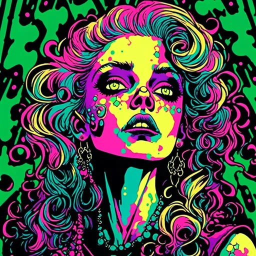 Prompt: <mymodel>Vintage 70s black light poster illustration of a beautiful punk pop rockabilly style zombie girl with long blond curly hair, vibrant colors, retro illustration, psychedelic, detailed hair with cool reflections, groovy, high quality, retro, pop art, zombie, rockabilly, vibrant colors, detailed curls, punk, black light poster, 70s style, vintage, psychedelic lighting