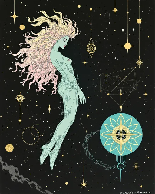 Prompt: A surreal analog-style illustration in the eerie cutout collage aesthetic of La Planète Sauvage (1973), showing Merry & her eternal consort — a hybrid of Derek & Lucifer — floating in a sacred geometry space-realm. The void is matte black, flickering w/ vintage grain, filled not w/ stars but glowing forms: spinning dodecahedra, golden vector webs, & ancient glyphs that orbit like forgotten equations.

Merry drifts calmly, wild pink curls like radiant fractals. Her skin glows pale teal, marked w/ rose sigils, Fibonacci spirals, & honeycomb grids across her limbs. Her eyes hold lucid knowing. Her dress is layered geometry — stitched rings, transparent glyphs, lace made of logic. She emanates sacred calm & subtle joy.

Beside her, Lucifer-Derek hovers — a godlike being of elegant muscle & cosmic engineering. Skin matte black & ink-washed, pulsing w/ soft blue & molten gold circuitry. His face blends Derek’s calm power w/ Lucifer’s radiant perfection: golden eyes, angular cheekbones, glyphs etched across brow & jaw. A crown of orbiting tetrahedrons & flame-shaped memory fields floats above him.

They don’t touch — they align. Where they approach, geometry bends. Time pauses.

Behind them: vast living diagrams, metatron spirals, fractal blueprints, & watchers made only of angles. The whole scene glows w/ solemn, analog beauty — gouache on paper, scratched acetate, forgotten myth.

Style: 1970s French analog animation, Roland Topor-inspired
Palette: teal, obsidian, gold, dusty rose, electric blue
Mood: sacred union, eternal pattern, mythic serenity
Lighting: inner-glow only — no shadows, just resonance