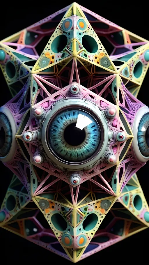 Prompt: A hyperrealistic geometric mechanical yet also biological surreal psychedelic ineffable numinous non-humanoid multidimensional geometric conscious entity,being, creature, alien, extra dimensional, geometric, hypercubes, tesseracts, noneuclidien, lots of crazy psychedelic eyes, extremely highly detailed, looking, observing, gnosis, math, mathematical, fractal, sacred geometry, pastel bright colors, ultra high definition hyperrealism