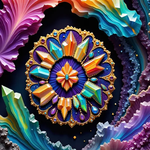 Prompt: "'Derek' '&' 'Merry'" must be seamlessly integrated into the scene, their forms crafted naturally from vibrant, colorful elements like opal, bismuth, labradorite, and quartz. The Mandelbrot fractal spirals infinitely, its glowing edges shimmering with the iridescent blues, greens, and purples of labradorite. The letters of "Derek & Merry" emerge from the fractal’s geometry, their surfaces glinting like polished opal, with fiery flashes of orange, pink, and violet shifting as if alive.

Bismuth crystals, with their angular, metallic rainbow formations, grow into the text, their intricate stair-step shapes forming the "&" symbol and parts of the letters. Quartz spires pierce through the fractal landscape, their translucent forms refracting light into a kaleidoscope of colors that dance across the scene. The text feels as though it has grown naturally from these minerals, blending seamlessly with the fractal's recursive beauty.

Above, the sky flows like liquid light, swirling with hues of molten gold and deep sapphire, echoing fluid dynamics. These currents occasionally shape themselves into fleeting patterns, spelling "Derek & Merry" before dissolving into the vibrant ether. Tiny quantum particles flit along the edges of the scene, glowing like microscopic stars, their motion creating a subtle hum that resonates through the fractal and mineral structures.

The entire composition is alive with color and energy, the interplay of opal, bismuth, labradorite, and quartz creating a scene both surreal and harmonious. "Derek & Merry" is not just part of the image but its very essence, seamlessly woven into the infinite fractal patterns and radiant natural elements.