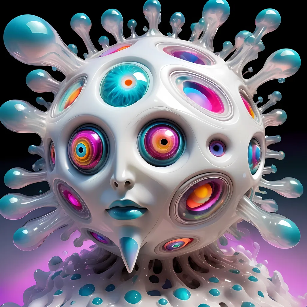 Prompt: a translucent white many sided multidimensional extra dimensional geometric shape churning through many extra dimensions etherically, covered in eyes, biological and mechanical simultaneously with random pops of brilliant vibid psychedelic color 