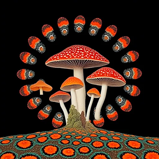 Prompt: <mymodel>A psychedelic surreal collage featuring spliced and edited photos of MUSHROOMS, fungus of all kinds (mushroom, psilocybe cubensis, turkeytail, bracket fungi shelf fungi, stinkhorn, herecium, fungal, mycelium). On soychedelic patterns/optical illusions. fleshing this image out will be geometric shapes, trippy psychedelic patterns/optical illusions, mountainous/surreal/alien landscapes, and more