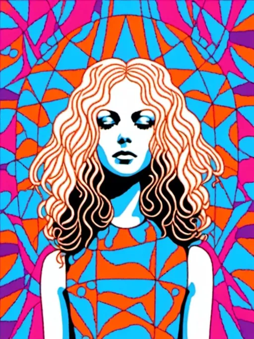 Prompt: <mymodel>Psychedelic poster art illustration of a girl with long blond curly hair, standing amidst a mesmerizing tesseract, vibrant colors, high-quality, surreal, trippy, hypercube, inter-dimensional, extra-dimensional, detailed hair, vibrant and colorful, abstract lighting