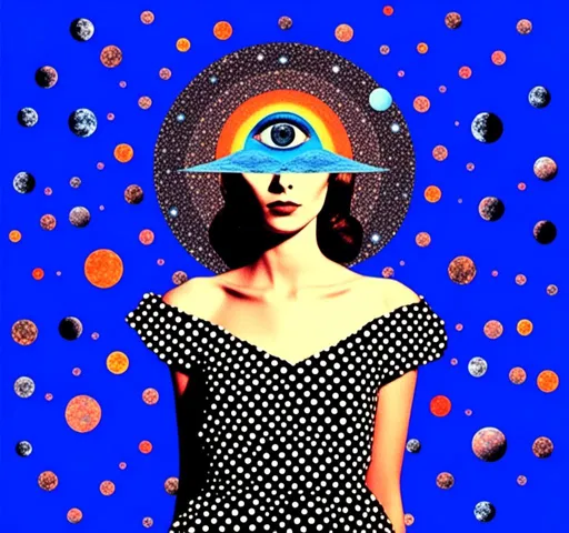 Prompt: <mymodel>Psychedelic collage of a woman, spliced and edited with psychedelic planets, cats, and UFOs, a psychedelic open third eye, incorporating paint, enamel, and found objects, black and white optical illusions, high quality, surreal, vibrant colors, trippy, psychedelic, detailed collage, cosmic theme, colorful lighting surreal collage