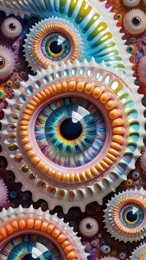 Prompt: an extremely hyper realistic ultra super textural weird trippy surreal psychedelic entity, Diophantus spiral, white, translucent, clear, bright bright pastel colors, oil slick rainbow sheen effect, lots and lots of light, lots of crazy colorful compound psychedelic human eyes, rows of human teeth, fungus, atoms, diatoms, diophantine spirals