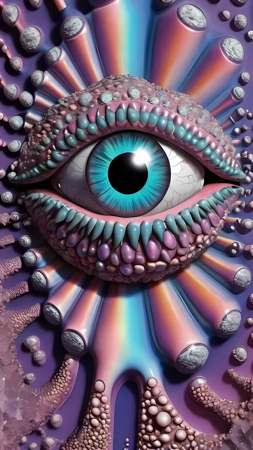 Prompt: Create an extremely hyper-realistic, ultra super textural, weird, trippy, surreal, psychedelic eyes/teeth/mouth pattern/design based on Mandelbrot & “Op Art tiling” with lots of human eyes (crazy colorful compound psychedelic), rows of human teeth, human lips, and tongues. 

- **Colors**: determined by the properties and expressions of the elements (& their isotopes), minerals, and metals: opal, moonstone, amethyst, rose quartz, Platinum (Pt)

**Shapes and forms**
- Mandelbrot 
- "Op Art tiling" 
-other shapes determined by the natural properties and expressions of the elements (& their isotopes), minerals, metals, and biological organisms: opal, moonstone, amethyst, rose quartz,  Platinum (Pt)


- **Textures**: Derived from any/all elements (& their isotopes), minerals, metals, crystals, organic things mentioned in this prompt: opal, moonstone, amethyst, rose quartz, Platinum (Pt)

**Composition and Layout**:
- a pattern/design based on the Op Art tiling & Mandelbrot 

**Lighting**:
- lots of bright light
- Phosphorescence

**Detail and Atmosphere**:
- Extreme hyperrealistic sharp high detail high definition organic and mineral textures
- Psychedelic, weird, odd, surreal atmosphere
- Frozen in time

**Additional Elements**:
- extra rows of teeth, lips, many eyes, Op Art tiling, Mandelbrot 
