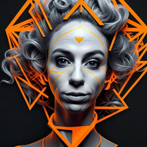 Prompt: To incorporate "me" into this futuristic, glowing geometric design with vibrant orange highlights and dark tones:

**AI Art Prompt:**
"A futuristic portrait of a slim Caucasian woman with long, wild, very curly pink hair and piercing blue eyes, seamlessly integrated into a glowing, cyberpunk-inspired geometric design. Her hair flows dramatically, blending with the vibrant orange neon accents, while her intense gaze emerges from the dark background. She wears a high-tech, textured outfit with intricate patterns, complementing the triangular neon shapes. The overall aesthetic is bold, modern, and otherworldly, with her vivid pink curls and striking blue eyes as the focal point of the composition."

Let me know if you'd like further refinements!