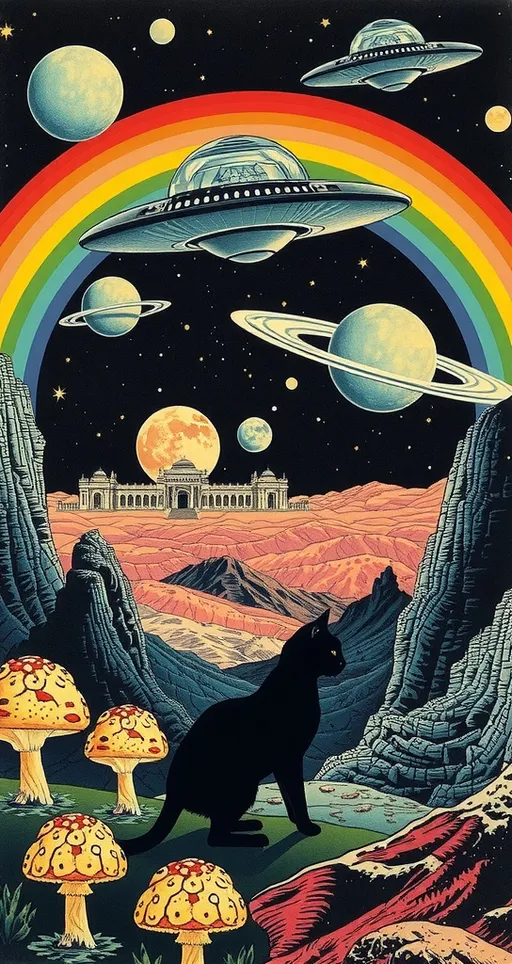 Prompt: <mymodel> Vintage 70s psychedelic surreal sci-fi Collage, analog, cut & paste, outer space, rainbows, spectrum, optical illusions/trippy patterns, surreal alien landscapes, UFOs, « little green men », psilocybin mushrooms, geometric shapes , planets, orbs, black night sky with stars, in the center, cats, 