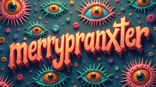 Prompt: Create the word "merrypranxter" in a psychedelic handwritten style. The background should feature an extremely hyper-realistic, ultra-textural, weird, trippy, surreal psychedelic entity. Incorporate rows of human teeth, tongues, and lips, intertwined with Saprolegnia, Hydrodictyon, Volvox, and Buckminsterfullerene. Use a palette of translucent whites, bright platinum, vibrant pinks, yellows, greens, oranges, and teals. Infuse the composition with abundant light and a multitude of colorful, compound psychedelic human eyes. Emphasize extreme high definition with organic and mineral textures, enhancing the surreal atmosphere.