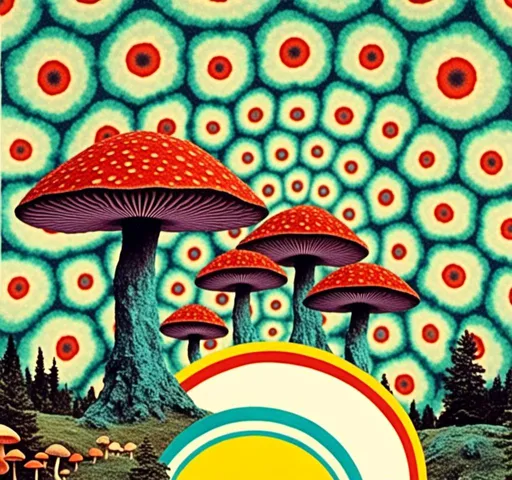 Prompt: <mymodel>Retro psychedelic collage of vibrant, 70s-inspired fungus, mushrooms, vibrant colors and patterns, surreal collage cut and paste composition, landscapes, trippy patterns, optical illusions, planets vintage analog texture, high quality, retro, psychedelic, vibrant colors, surreal, vintage, analog texture, detailed patterns, artistic