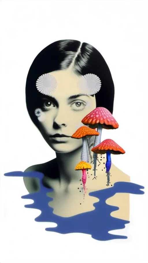 Prompt: A mixed media collage of a black and white photograph of a young woman growing all kinds of colorful multimedia psychedelic mushrooms and fungus out of her body (incorporate things like- but are not limited to - vibrant paints, enamels, glitters, metallic foils, newspaper and magazine cut paper, paint spatter, etc)<mymodel>