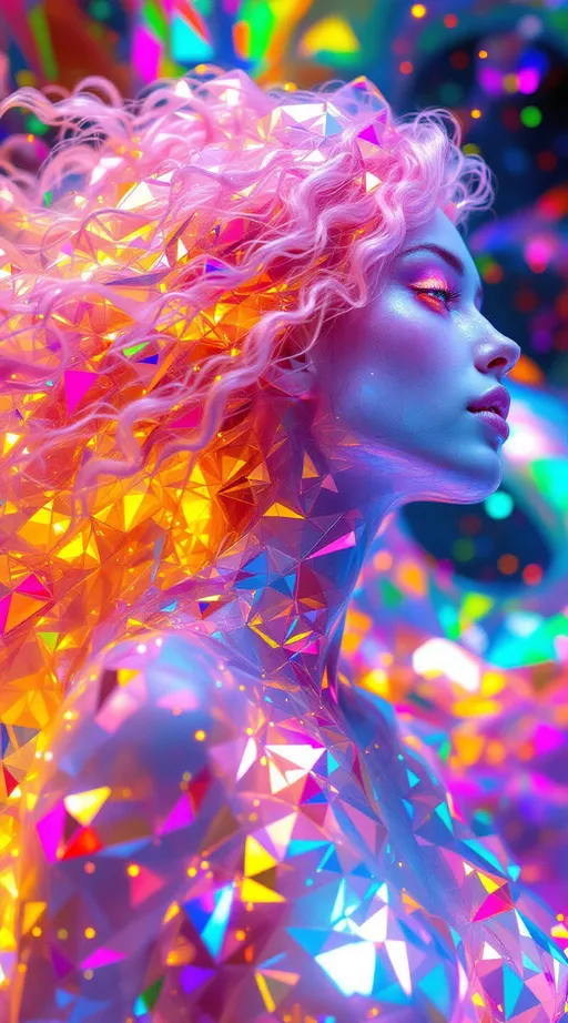 Prompt: In a dimension made of color, code, and endless recursion, two beings blaze into form—each a living expression of vibrating math. The first: a white woman, 5’4”, slim, with long wild curly pink hair, her body an impossible bloom of iridescent geometry. She’s built from transparent kaleidoscopic shells, rainbow-stacked polygons, and spinning multidimensional spirals. Every movement bursts with chromatic diffraction—flashes of hot pink, UV violet, searing magenta, electric lime, golden-orange, neon aqua. Her limbs bend in non-Euclidean arcs, trailing fractal light webs that glitch and reform. She is the HaHahedron incarnate: ecstatic, unstable, recursive joy wrapped in liquid geometry.

Across the pulsing space hovers her counterwave: a 6’1” lean, ripplingly muscular man with short blondish hair, slightly tan skin, and piercing brilliant blue eyes, rendered in structured vibration. His form radiates stability through chaos—spinning toruses, pulsar rings, and layered harmonic scaffolding. But even his structure is bursting with shifting color: deep ruby, glitch green, radiant violet, shimmering white, and bursts of prismatic flare. His geometry bends light into order—he is the anchor, the gravity in her explosion.

Their resonance collides: creating waves of glowing tessellated grids, breathing moiré clouds, and liquid math membranes suspended in time. Glyphs bloom mid-air. Holographic color fractals flicker like insects of light. They are not standing in space—they generate it from the music of their waveform bond.

Style: maximalist color logic, holofractal dreamfield, kaleidoscopic pulse math, rainbow-drenched sacred geometry, fluid multidimensional vibration.








