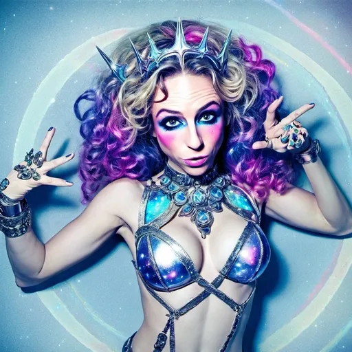 Prompt: A super hyperrealistic yet also illustrative and creative female cosmic jester, made entirely of swirling pure colored light, with long wild curly hair that appears blond but dazzles as a spectrum of hues, floats effortlessly in the heart of a kaleidoscopic nebula. Adorned in avant-garde "astral" jester's attire, her ensemble is a masterpiece of ever-shifting patterns, her definitive jester’s hat extending into infinite fractal shapes that seem to defy the laws of space. Her intricate clown makeup glows with phosphorescent neon greens, electric pinks, and ultraviolet blues, accentuating her mischievous, otherworldly charm. Around her, the stars pulse like strobes in a cosmic dance party, and she juggles shimmering orbs of liquid starlight that burst into tiny galaxies upon contact, each orb reflecting infinite multiversal possibilities. The space surrounding her vibrates with celestial harmonics, a symphony of astral wonder, while an aurora of quantum particles weaves itself into a living tapestry of harlequin diamond fractals, tiling and morphing endlessly. She sparkles and dazzles as her laughter chimes like crystalline bells, embodying the essence of cosmic whimsy and wonder, a living Möbius strip of light and joy in an infinite astral playground.